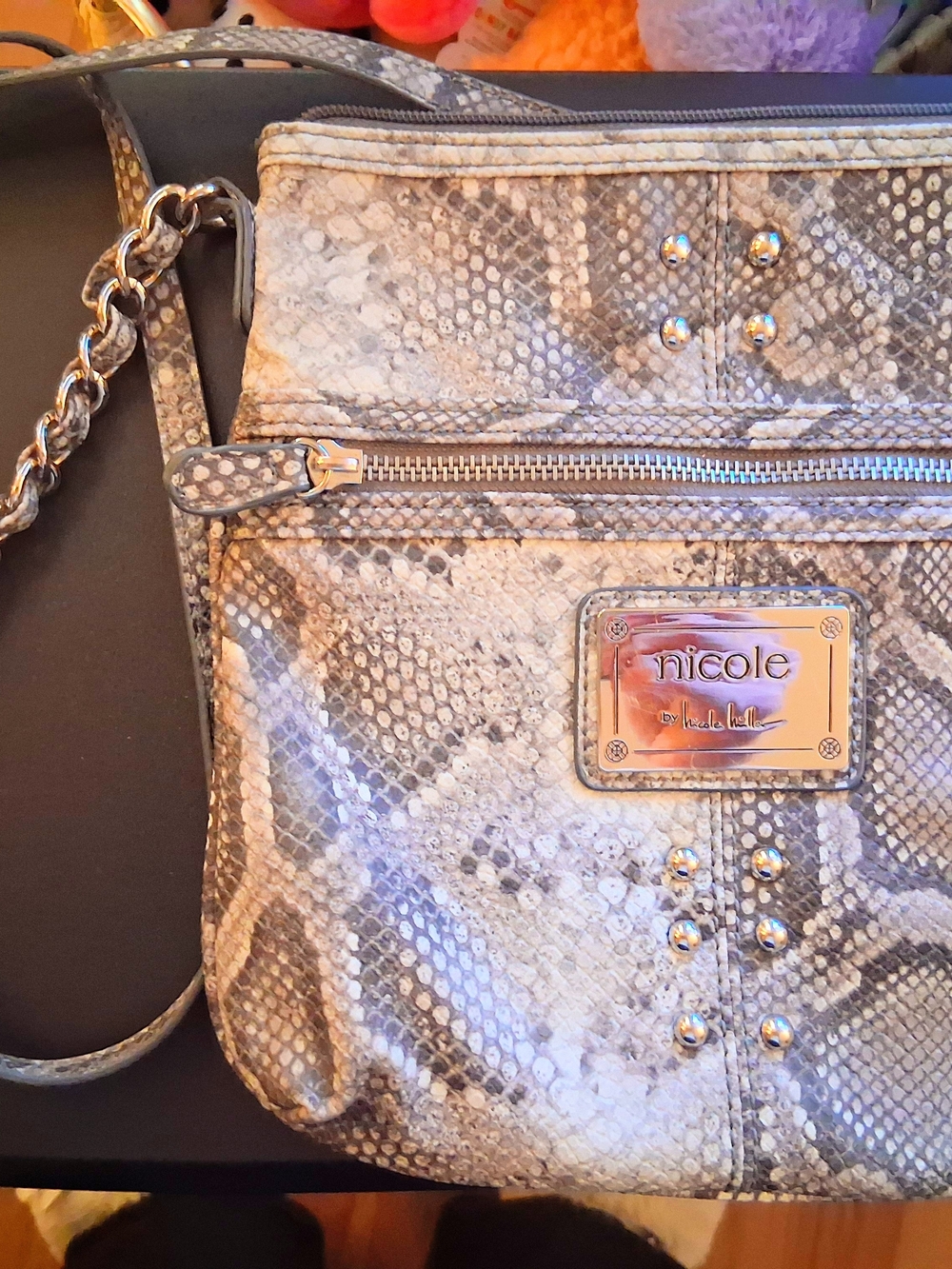 Nicole by Nicole Miller Snake-Print Crossbody Bag in Gray